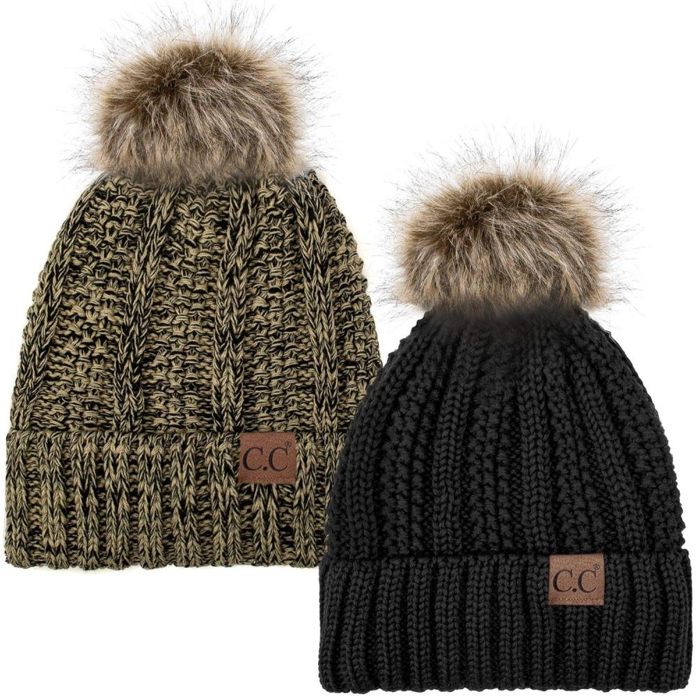 imageCC YJ820 Thick Cable Knit Hat Faux Fur Pom Fleece Lined Cap Cuff Beanie 2 PackBlack22 Black Beige Mix