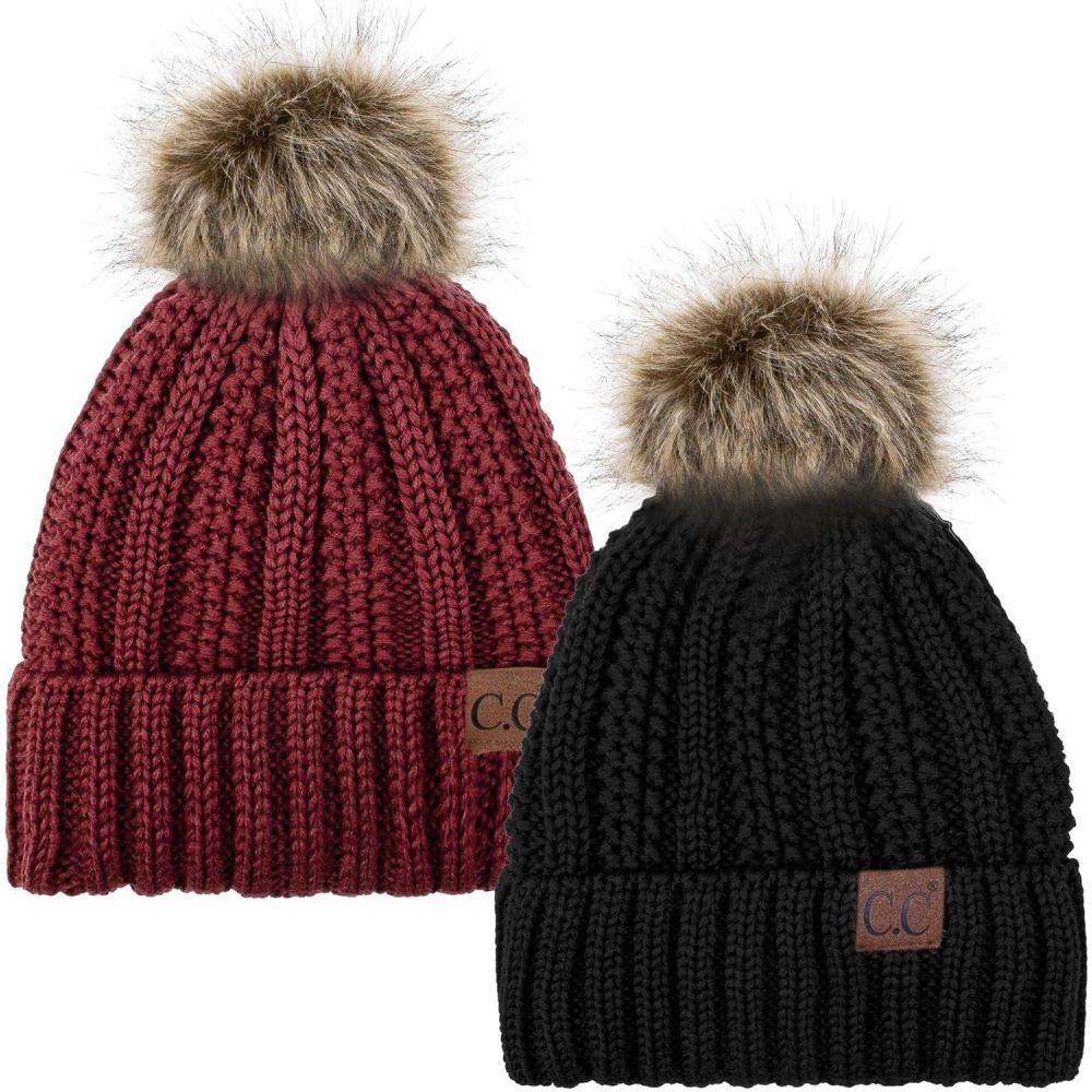 imageCC YJ820 Thick Cable Knit Hat Faux Fur Pom Fleece Lined Cap Cuff Beanie 2 PackBlackBurgundy