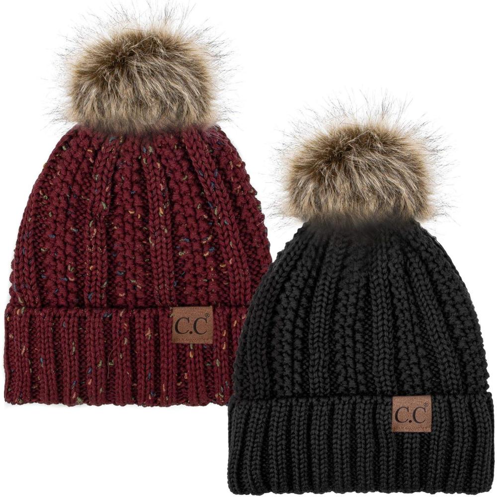 imageCC YJ820 Thick Cable Knit Hat Faux Fur Pom Fleece Lined Cap Cuff Beanie 2 PackBlackConfetti Burgundy