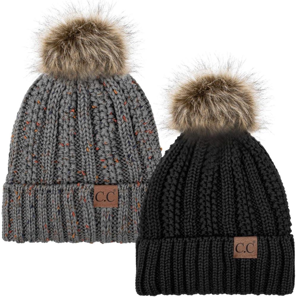 imageCC YJ820 Thick Cable Knit Hat Faux Fur Pom Fleece Lined Cap Cuff Beanie 2 PackBlackConfetti Natural Grey