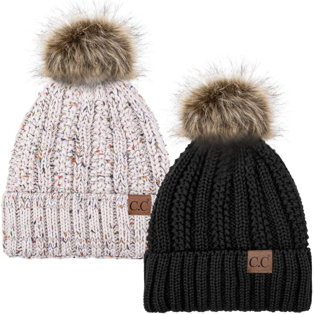 imageCC YJ820 Thick Cable Knit Hat Faux Fur Pom Fleece Lined Cap Cuff Beanie 2 PackBlackConfetti Oatmeal