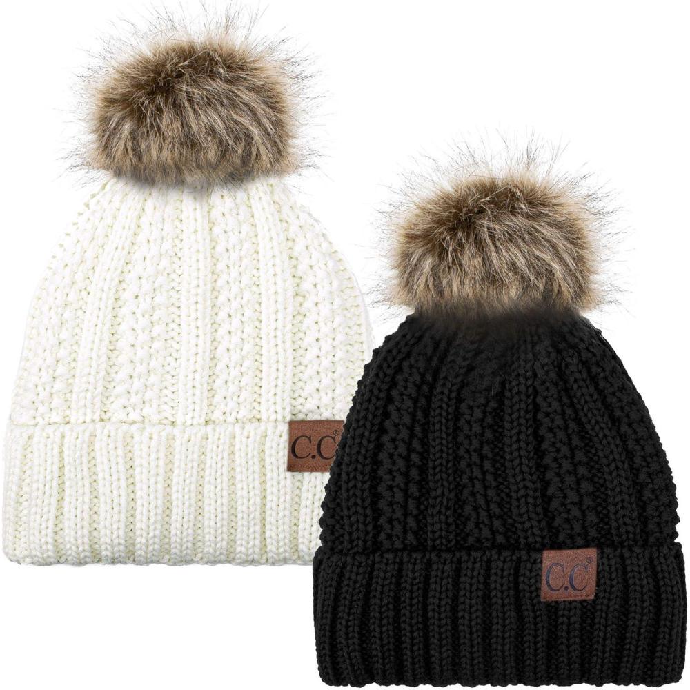 imageCC YJ820 Thick Cable Knit Hat Faux Fur Pom Fleece Lined Cap Cuff Beanie 2 PackBlackIvory