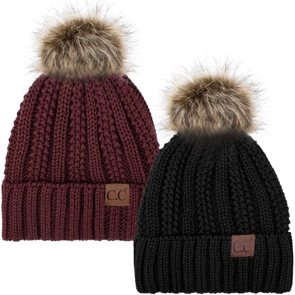imageCC YJ820 Thick Cable Knit Hat Faux Fur Pom Fleece Lined Cap Cuff Beanie 2 PackBlackMaroon