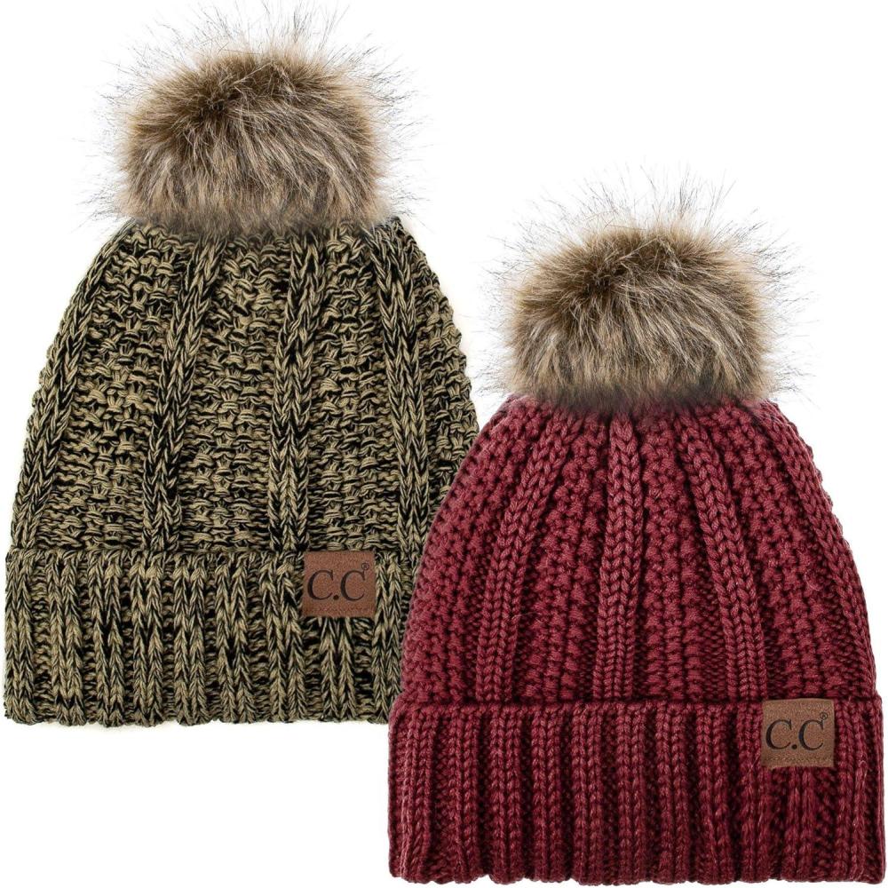 imageCC YJ820 Thick Cable Knit Hat Faux Fur Pom Fleece Lined Cap Cuff Beanie 2 PackBurgundy22 Black Beige Mix