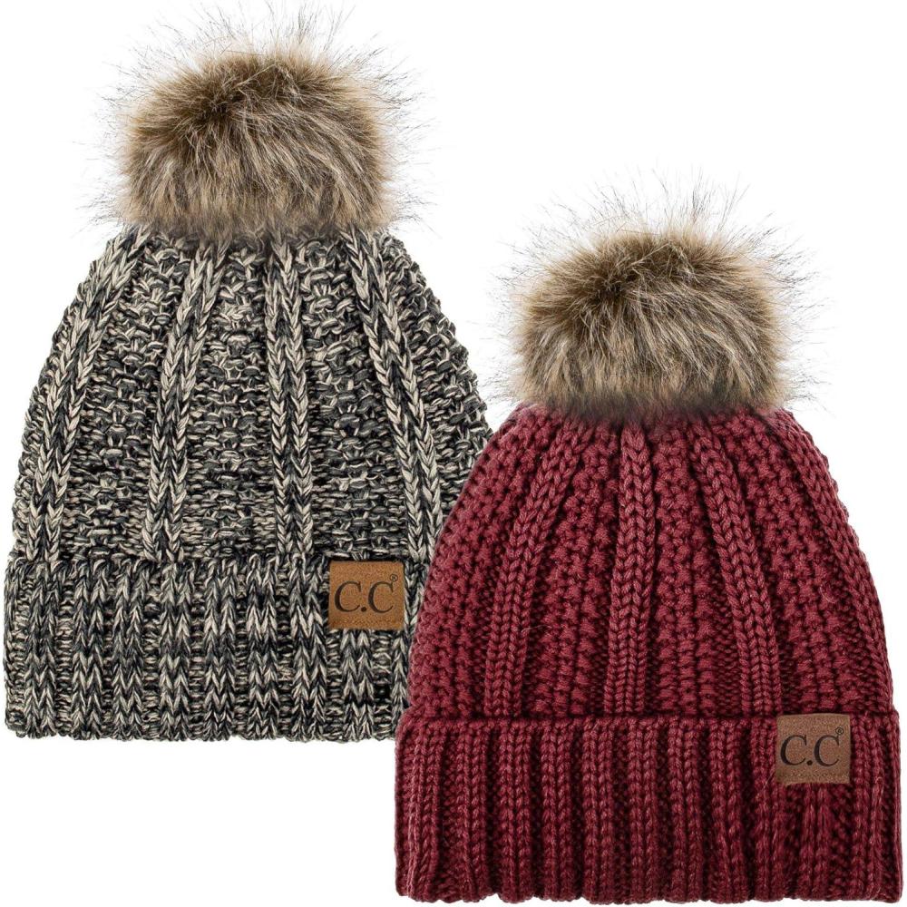 imageCC YJ820 Thick Cable Knit Hat Faux Fur Pom Fleece Lined Cap Cuff Beanie 2 PackBurgundy31 Grey Beige Mix