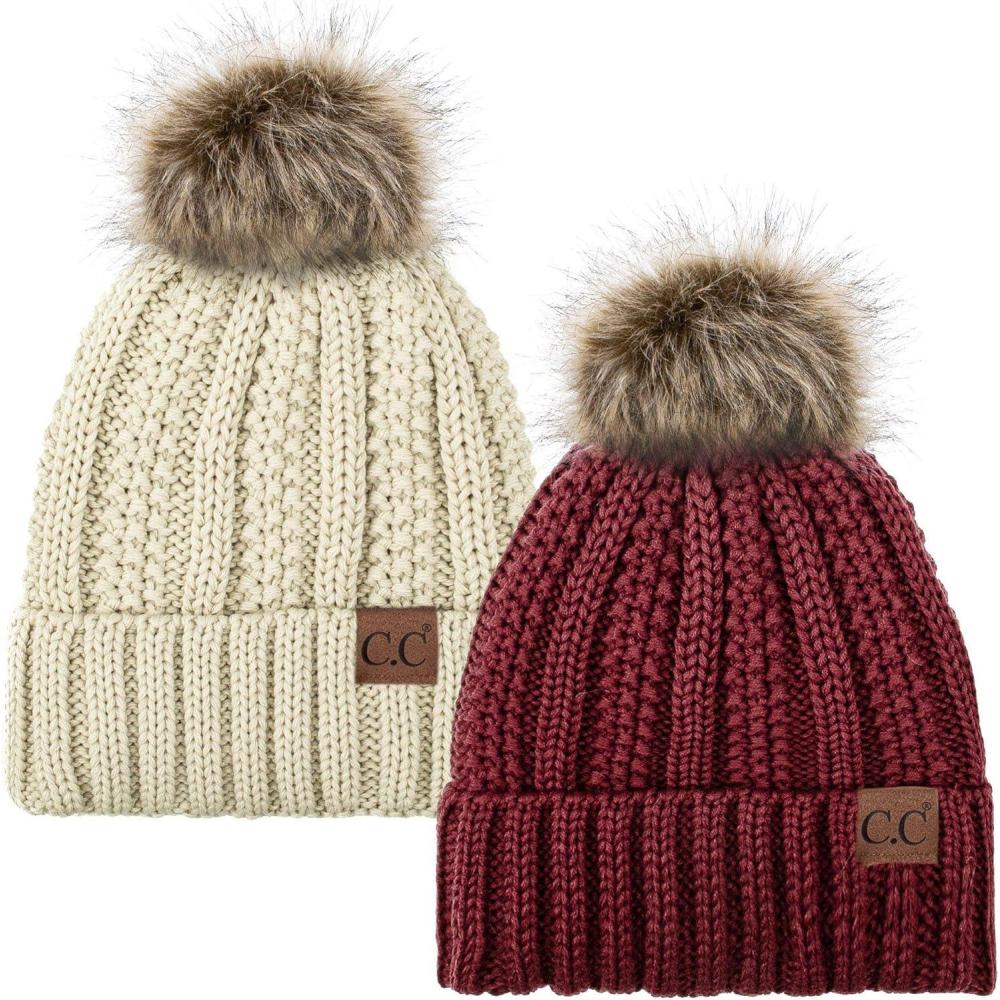 imageCC YJ820 Thick Cable Knit Hat Faux Fur Pom Fleece Lined Cap Cuff Beanie 2 PackBurgundyBeige