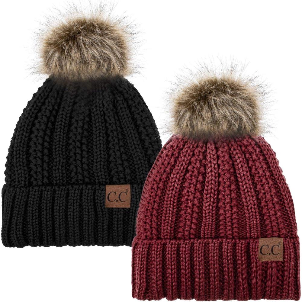 imageCC YJ820 Thick Cable Knit Hat Faux Fur Pom Fleece Lined Cap Cuff Beanie 2 PackBurgundyBlack