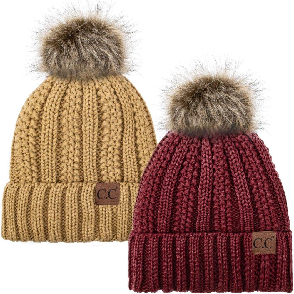 imageCC YJ820 Thick Cable Knit Hat Faux Fur Pom Fleece Lined Cap Cuff Beanie 2 PackBurgundyCamel