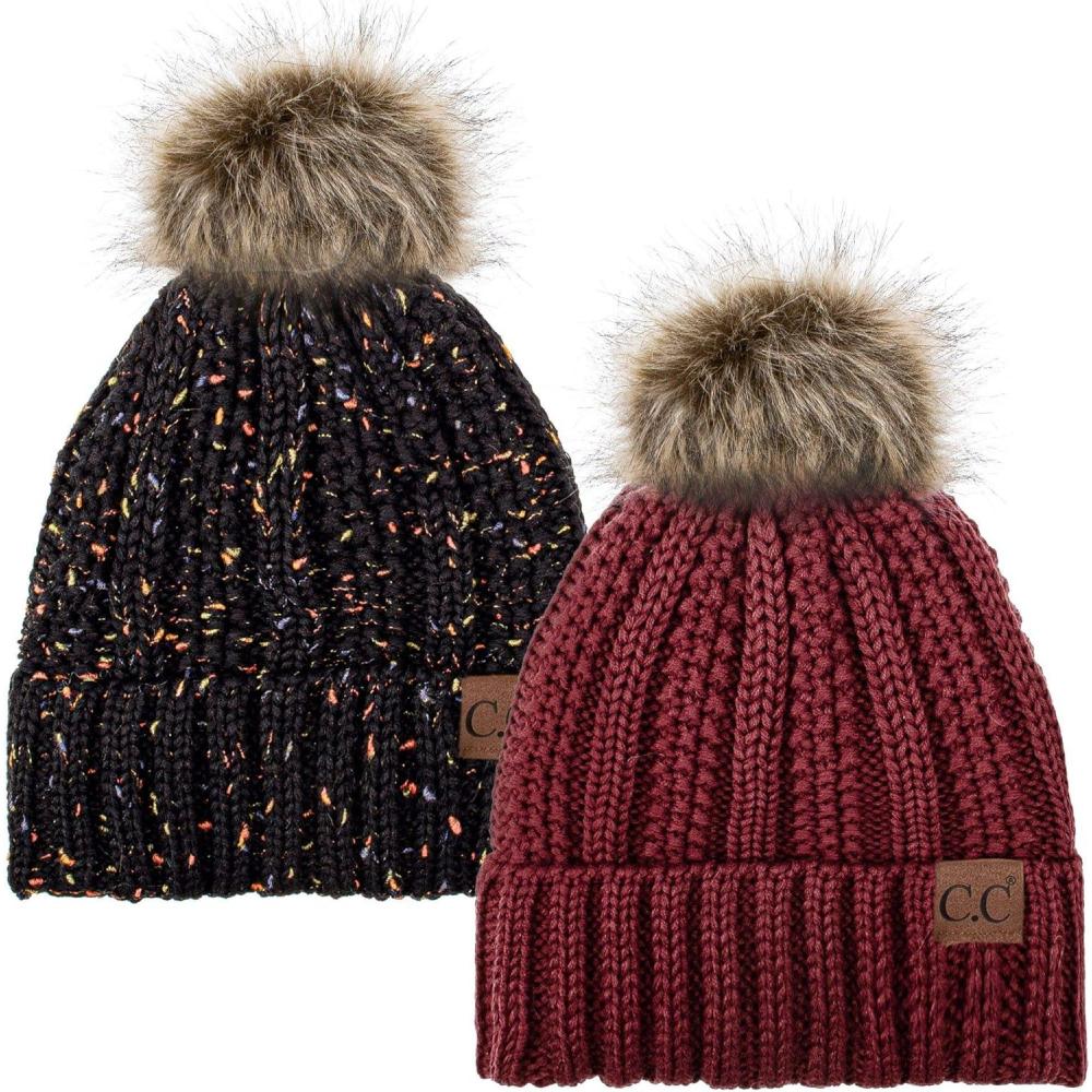imageCC YJ820 Thick Cable Knit Hat Faux Fur Pom Fleece Lined Cap Cuff Beanie 2 PackBurgundyConfetti Black