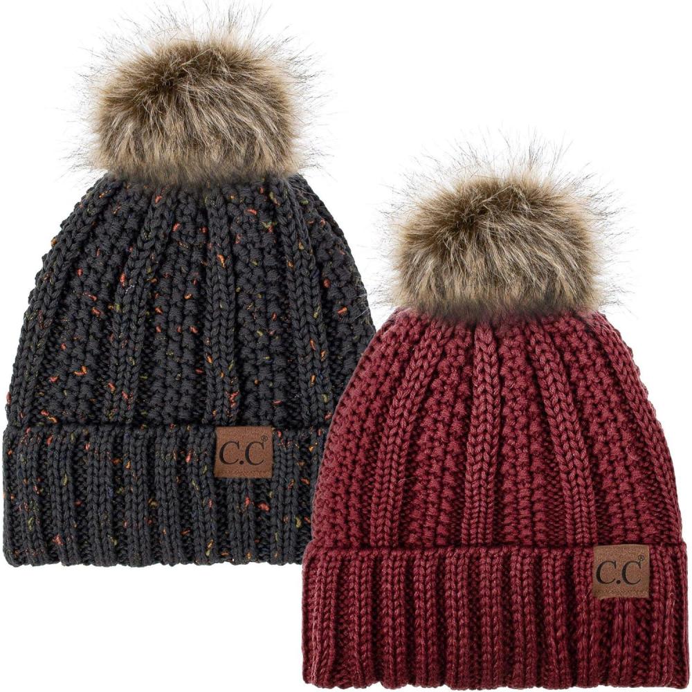 imageCC YJ820 Thick Cable Knit Hat Faux Fur Pom Fleece Lined Cap Cuff Beanie 2 PackBurgundyConfetti Dk Melange