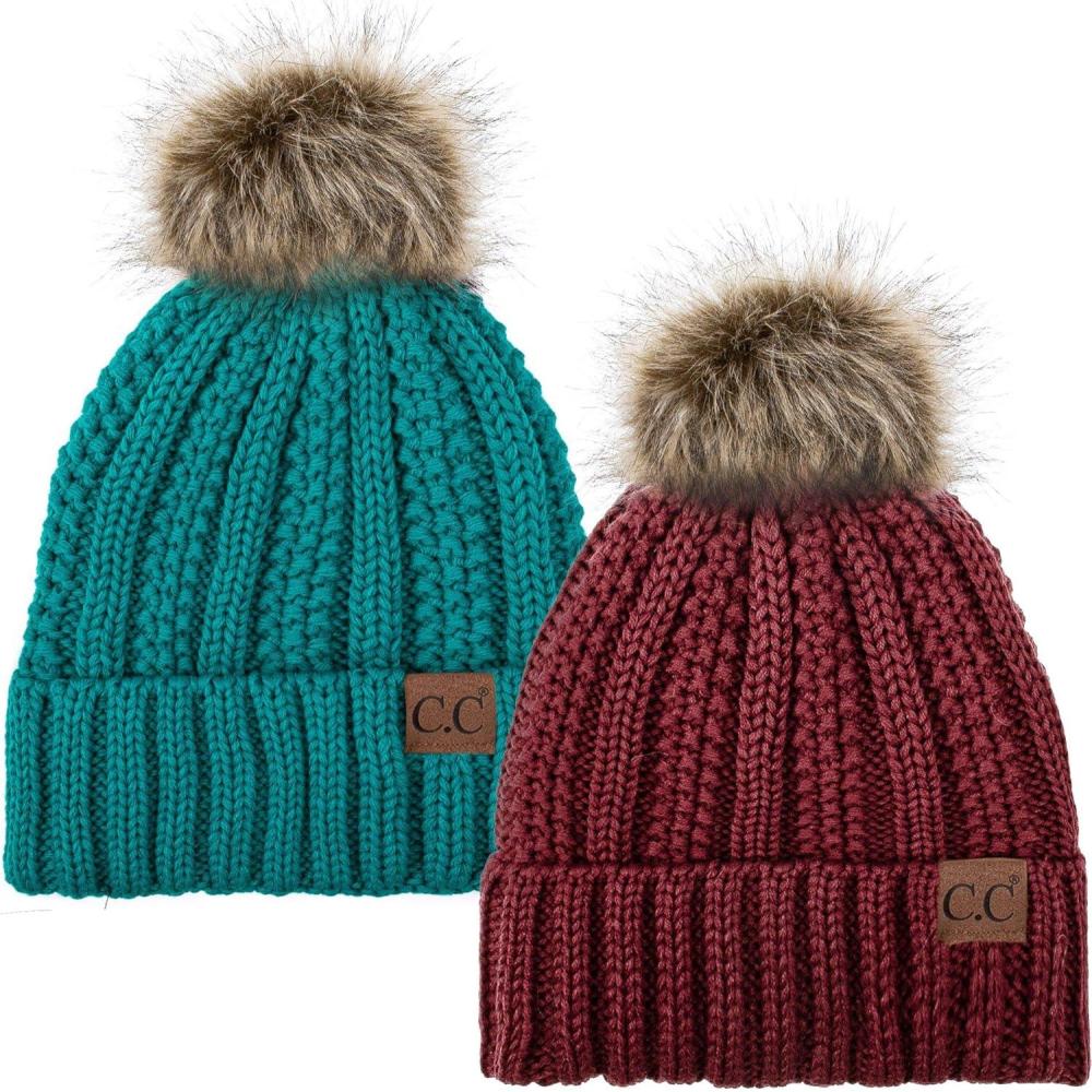 imageCC YJ820 Thick Cable Knit Hat Faux Fur Pom Fleece Lined Cap Cuff Beanie 2 PackBurgundyTeal