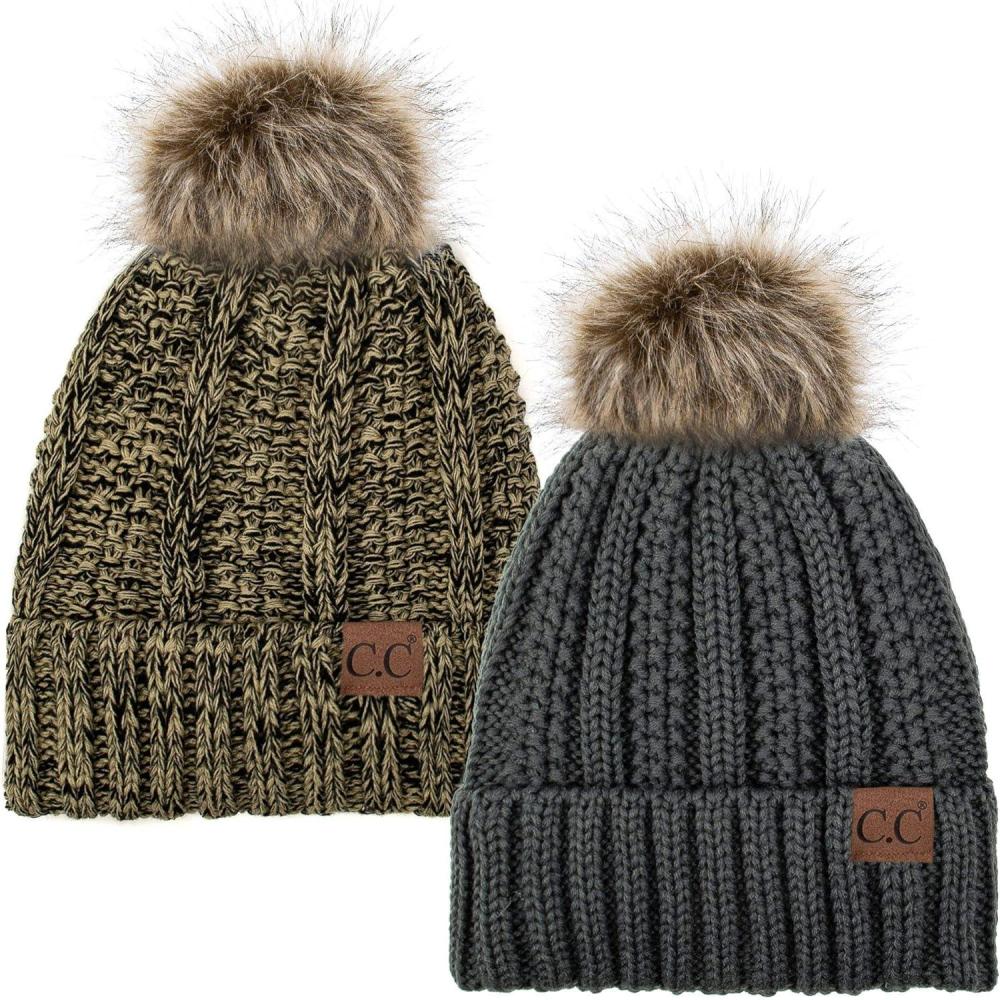 imageCC YJ820 Thick Cable Knit Hat Faux Fur Pom Fleece Lined Cap Cuff Beanie 2 PackDk Melange22 Black Beige Mix