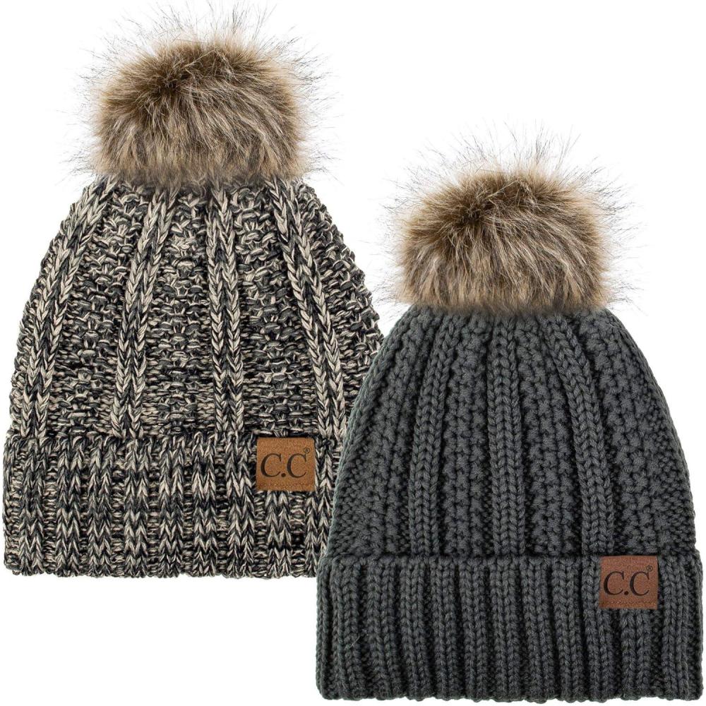 imageCC YJ820 Thick Cable Knit Hat Faux Fur Pom Fleece Lined Cap Cuff Beanie 2 PackDk Melange31 Grey Beige Mix