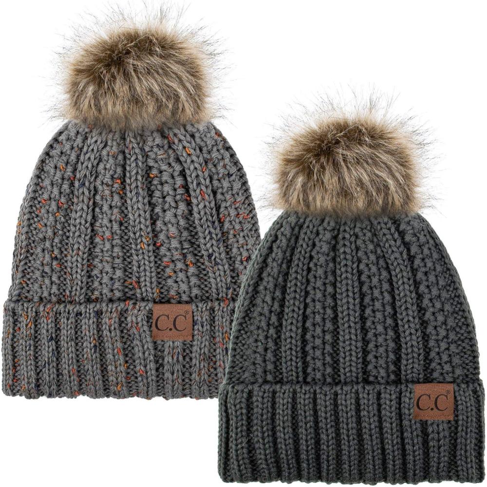 imageCC YJ820 Thick Cable Knit Hat Faux Fur Pom Fleece Lined Cap Cuff Beanie 2 PackDk MelangeConfetti Natural Grey