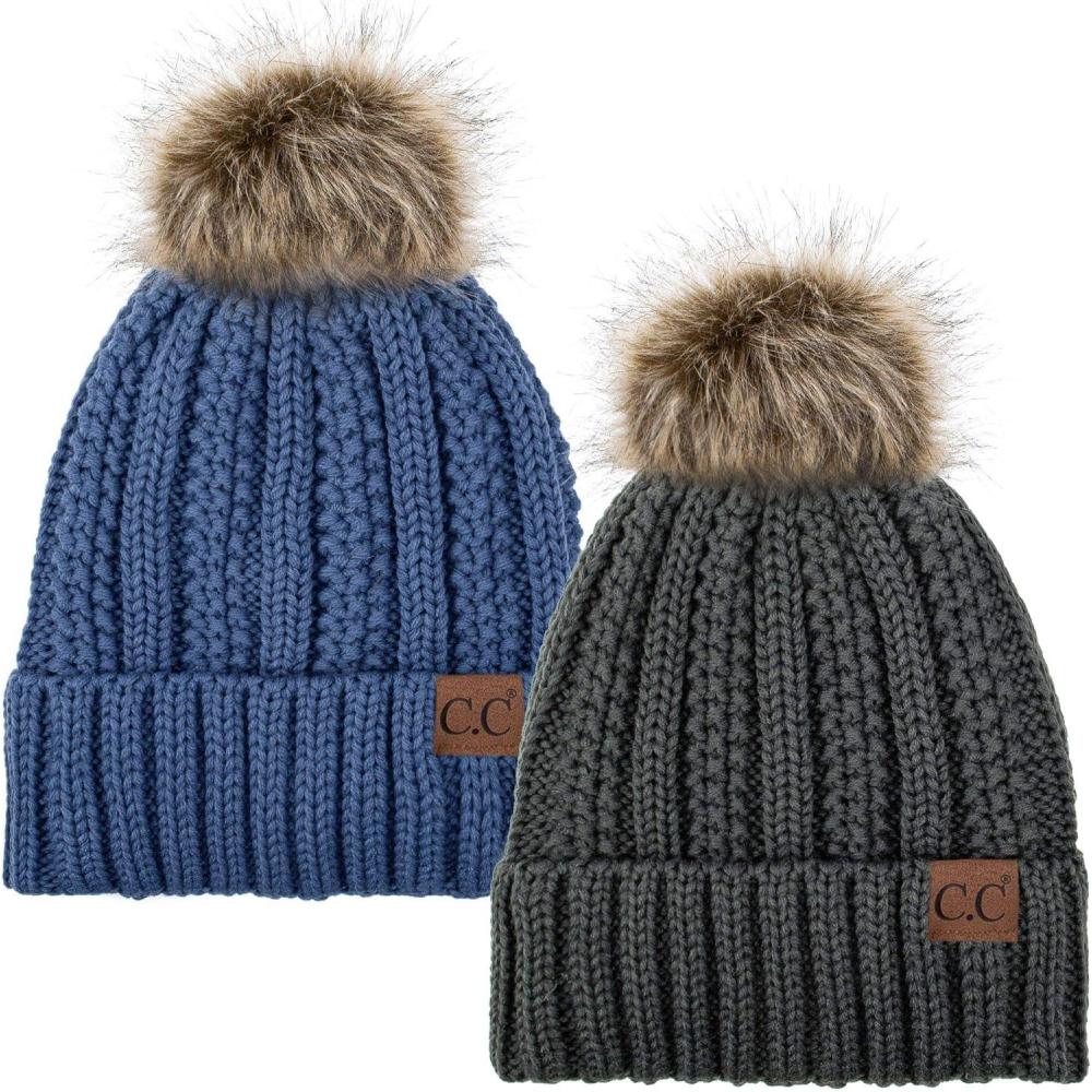 imageCC YJ820 Thick Cable Knit Hat Faux Fur Pom Fleece Lined Cap Cuff Beanie 2 PackDk MelangeDk Denim