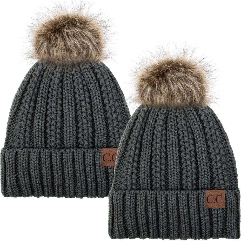 imageCC YJ820 Thick Cable Knit Hat Faux Fur Pom Fleece Lined Cap Cuff Beanie 2 PackDk MelangeDk Melange