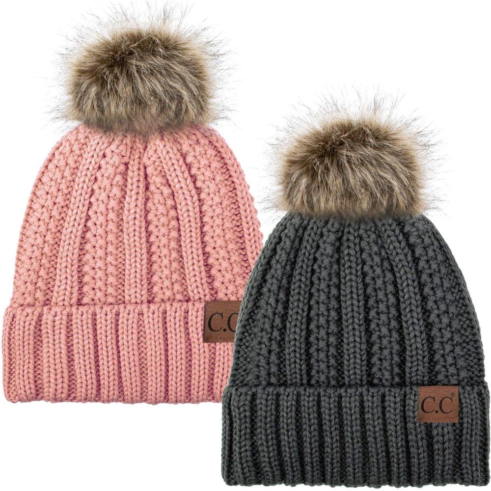 imageCC YJ820 Thick Cable Knit Hat Faux Fur Pom Fleece Lined Cap Cuff Beanie 2 PackDk MelangeIndi Pink