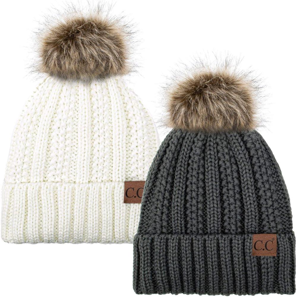 imageCC YJ820 Thick Cable Knit Hat Faux Fur Pom Fleece Lined Cap Cuff Beanie 2 PackDk MelangeIvory