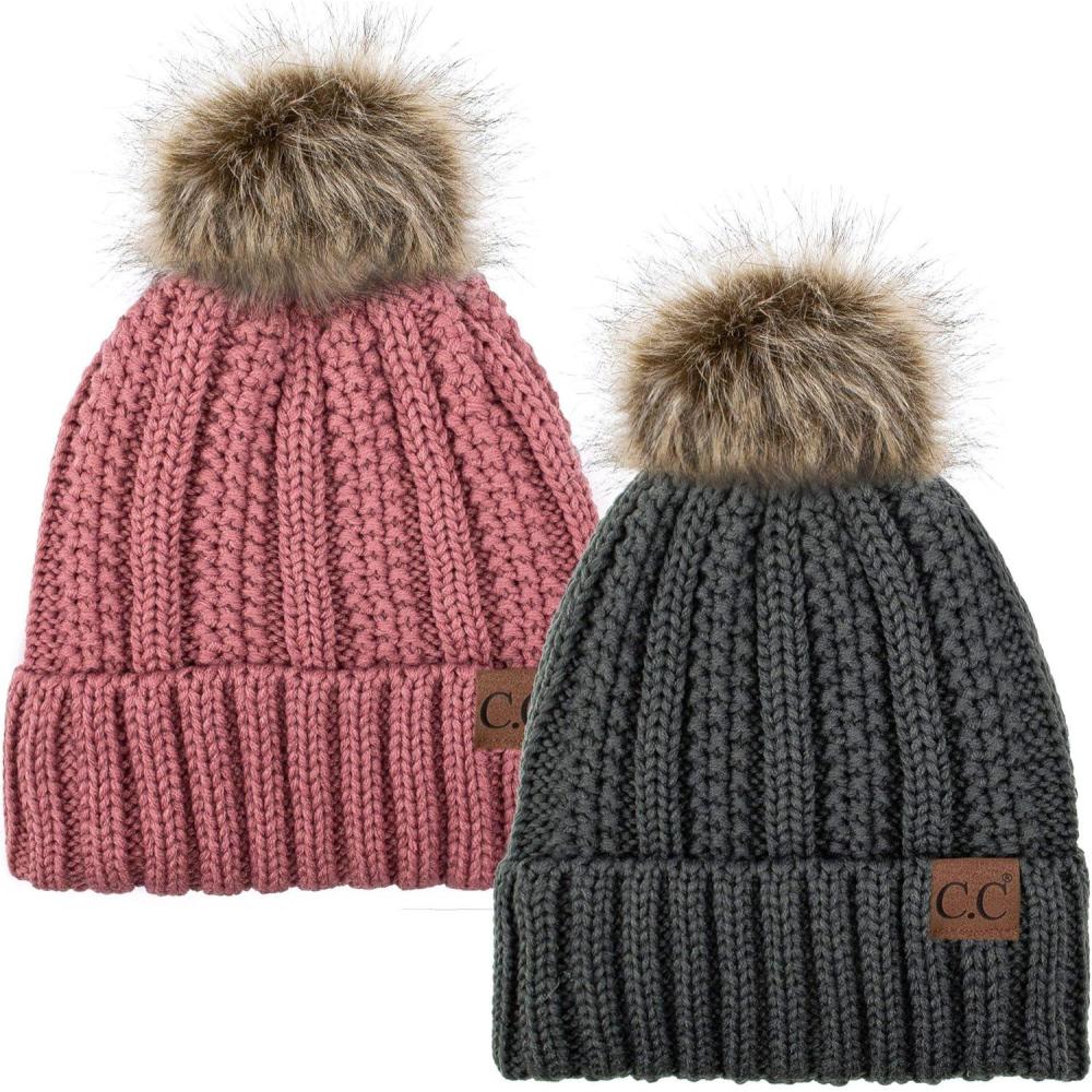 imageCC YJ820 Thick Cable Knit Hat Faux Fur Pom Fleece Lined Cap Cuff Beanie 2 PackDk MelangeMauve