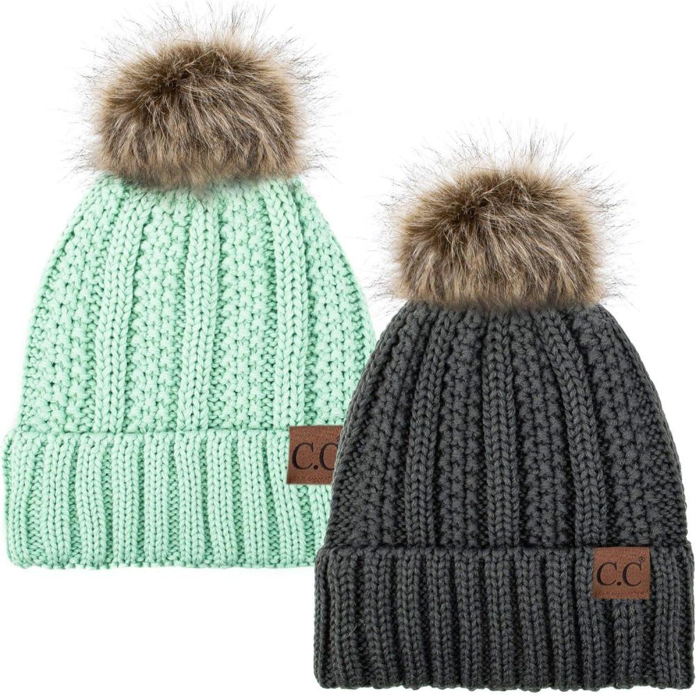 imageCC YJ820 Thick Cable Knit Hat Faux Fur Pom Fleece Lined Cap Cuff Beanie 2 PackDk MelangeMint