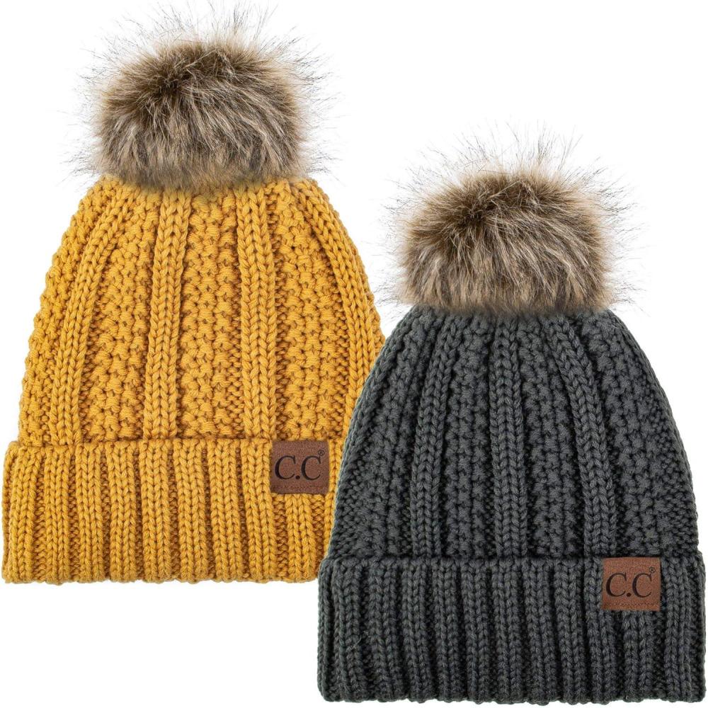 imageCC YJ820 Thick Cable Knit Hat Faux Fur Pom Fleece Lined Cap Cuff Beanie 2 PackDk MelangeMustard