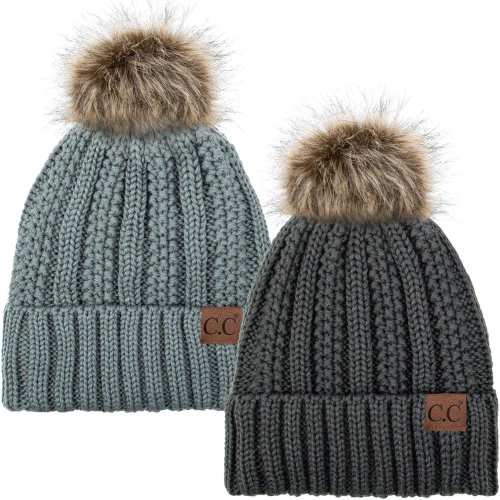 imageCC YJ820 Thick Cable Knit Hat Faux Fur Pom Fleece Lined Cap Cuff Beanie 2 PackDk MelangeNatural Grey