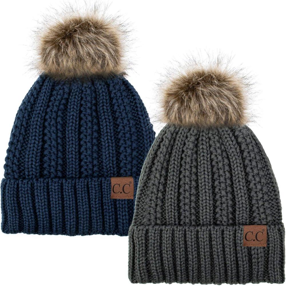 imageCC YJ820 Thick Cable Knit Hat Faux Fur Pom Fleece Lined Cap Cuff Beanie 2 PackDk MelangeNavy