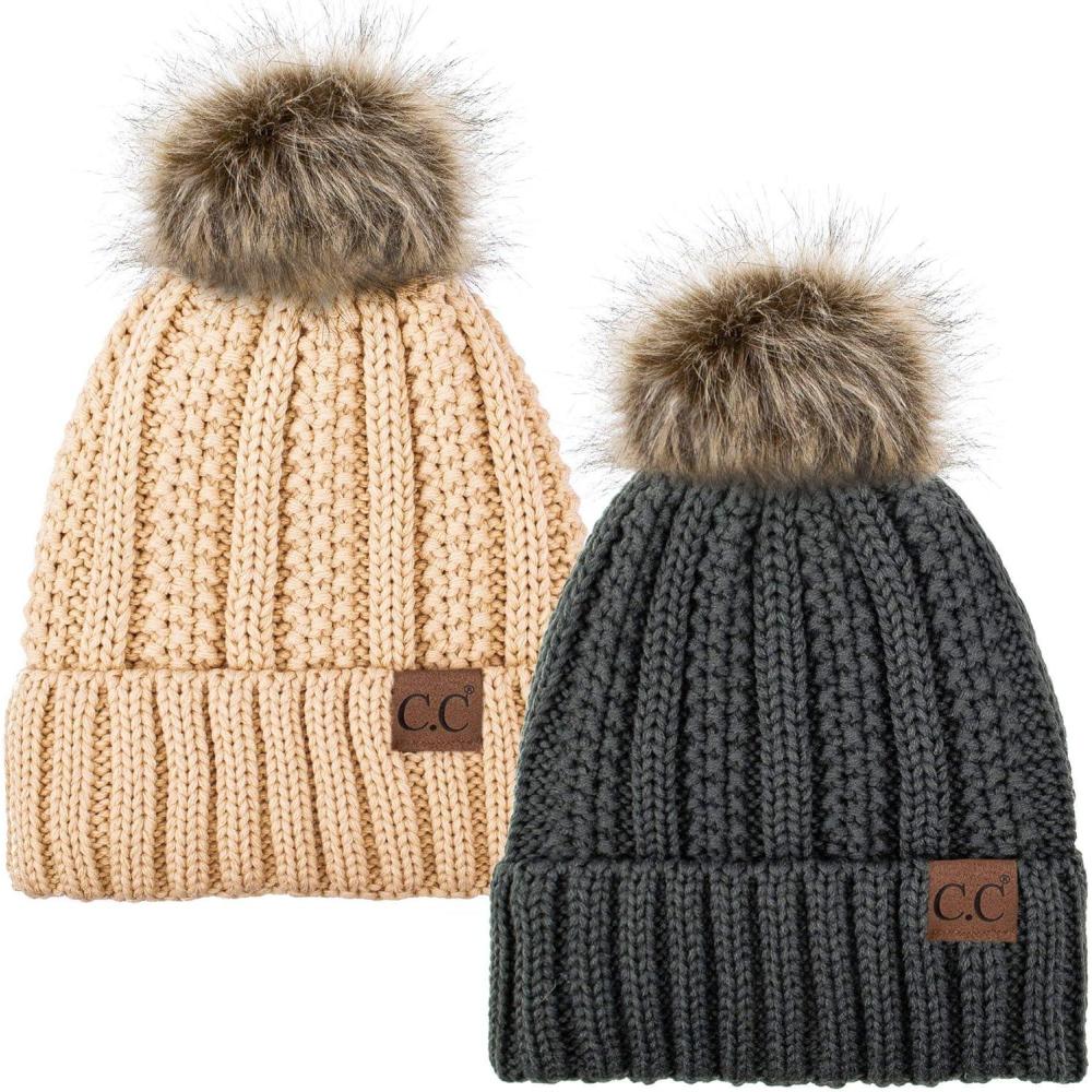 imageCC YJ820 Thick Cable Knit Hat Faux Fur Pom Fleece Lined Cap Cuff Beanie 2 PackDk MelangeNew Beige
