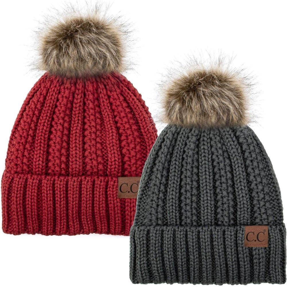 imageCC YJ820 Thick Cable Knit Hat Faux Fur Pom Fleece Lined Cap Cuff Beanie 2 PackDk MelangeRed