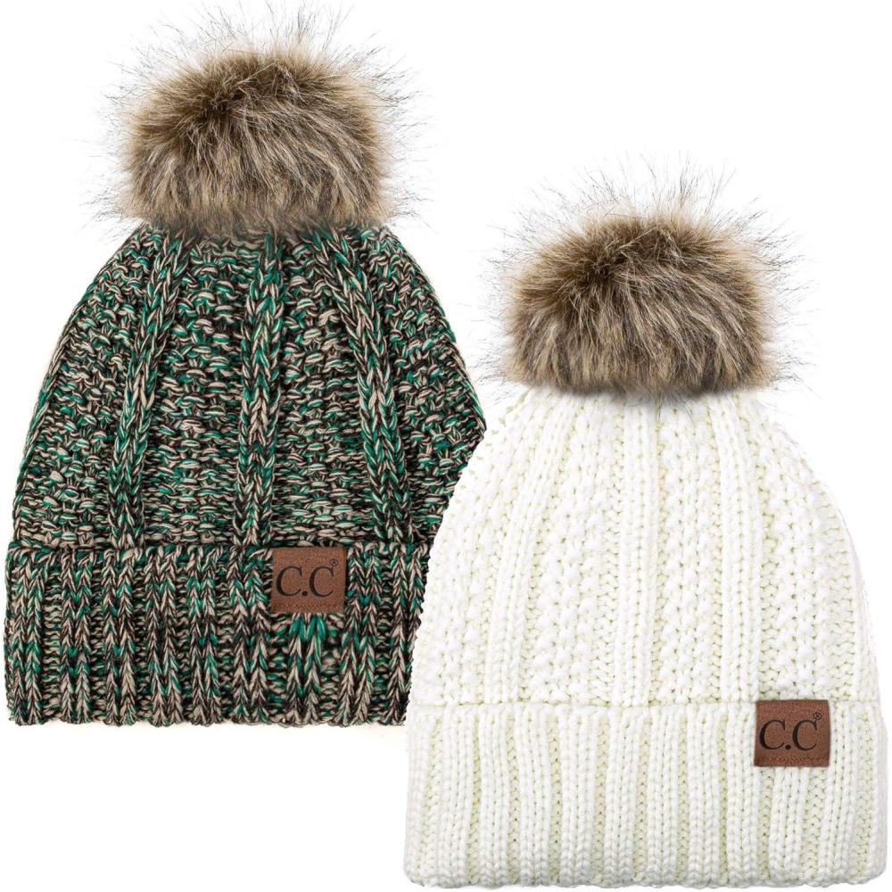 imageCC YJ820 Thick Cable Knit Hat Faux Fur Pom Fleece Lined Cap Cuff Beanie 2 PackIvory3 Teal Mix