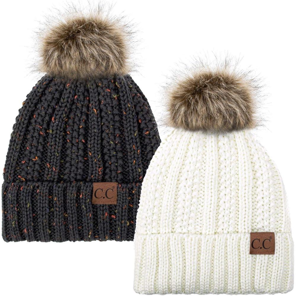 imageCC YJ820 Thick Cable Knit Hat Faux Fur Pom Fleece Lined Cap Cuff Beanie 2 PackIvoryConfetti Dk Melange