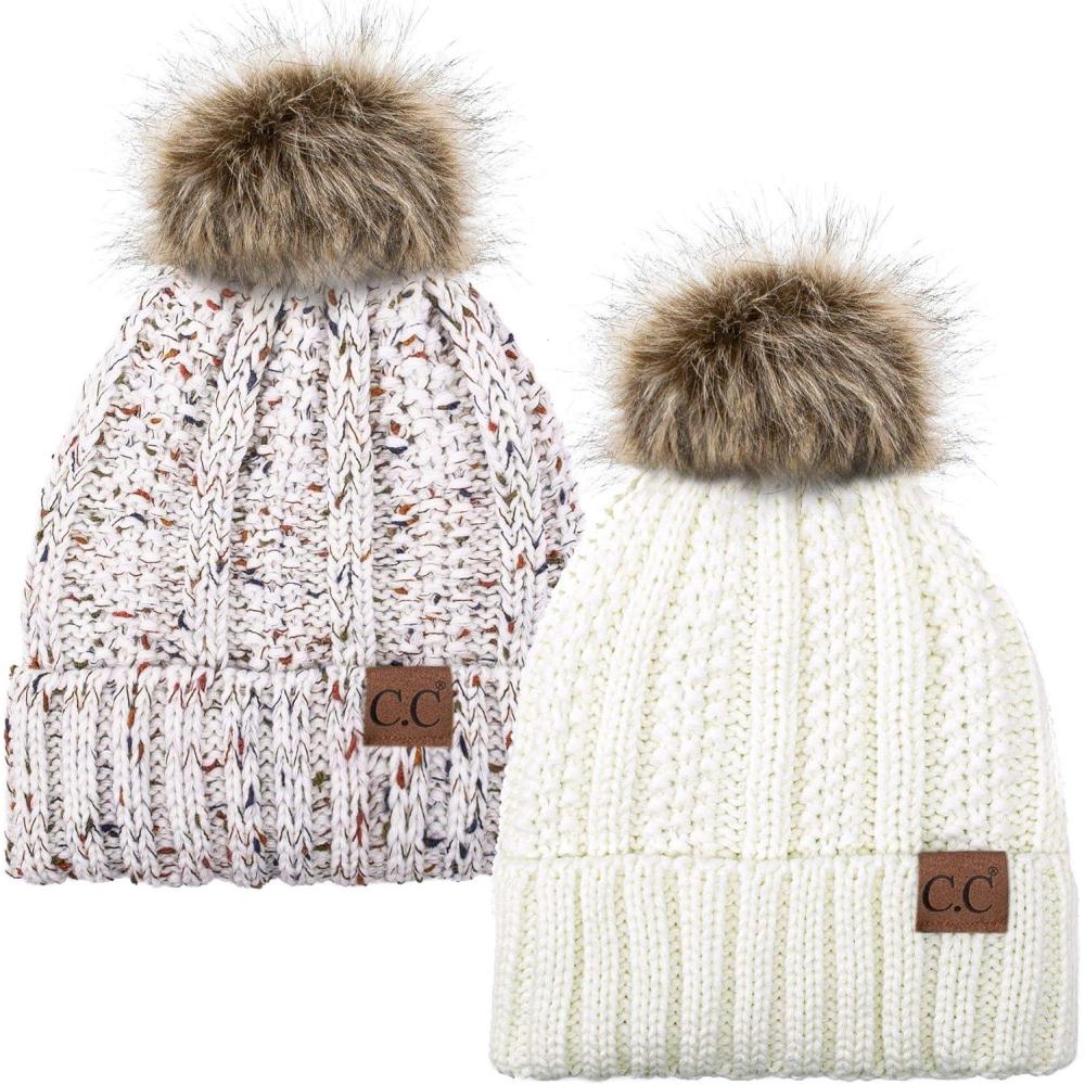 imageCC YJ820 Thick Cable Knit Hat Faux Fur Pom Fleece Lined Cap Cuff Beanie 2 PackIvoryConfetti Ivory