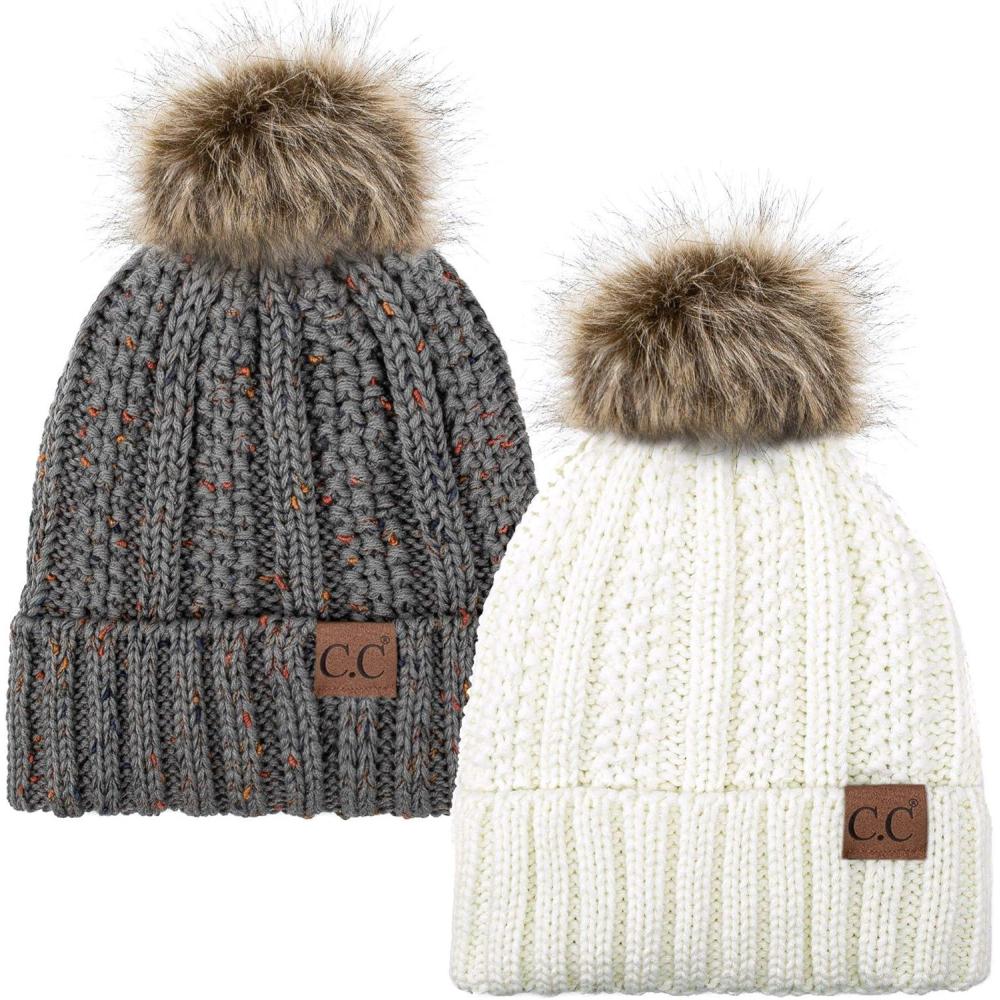 imageCC YJ820 Thick Cable Knit Hat Faux Fur Pom Fleece Lined Cap Cuff Beanie 2 PackIvoryConfetti Natural Grey