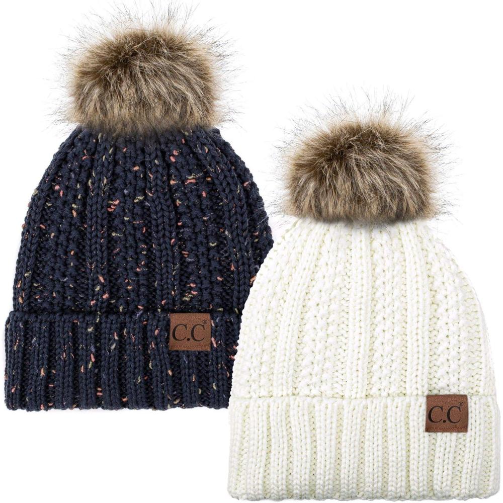 imageCC YJ820 Thick Cable Knit Hat Faux Fur Pom Fleece Lined Cap Cuff Beanie 2 PackIvoryConfetti Navy