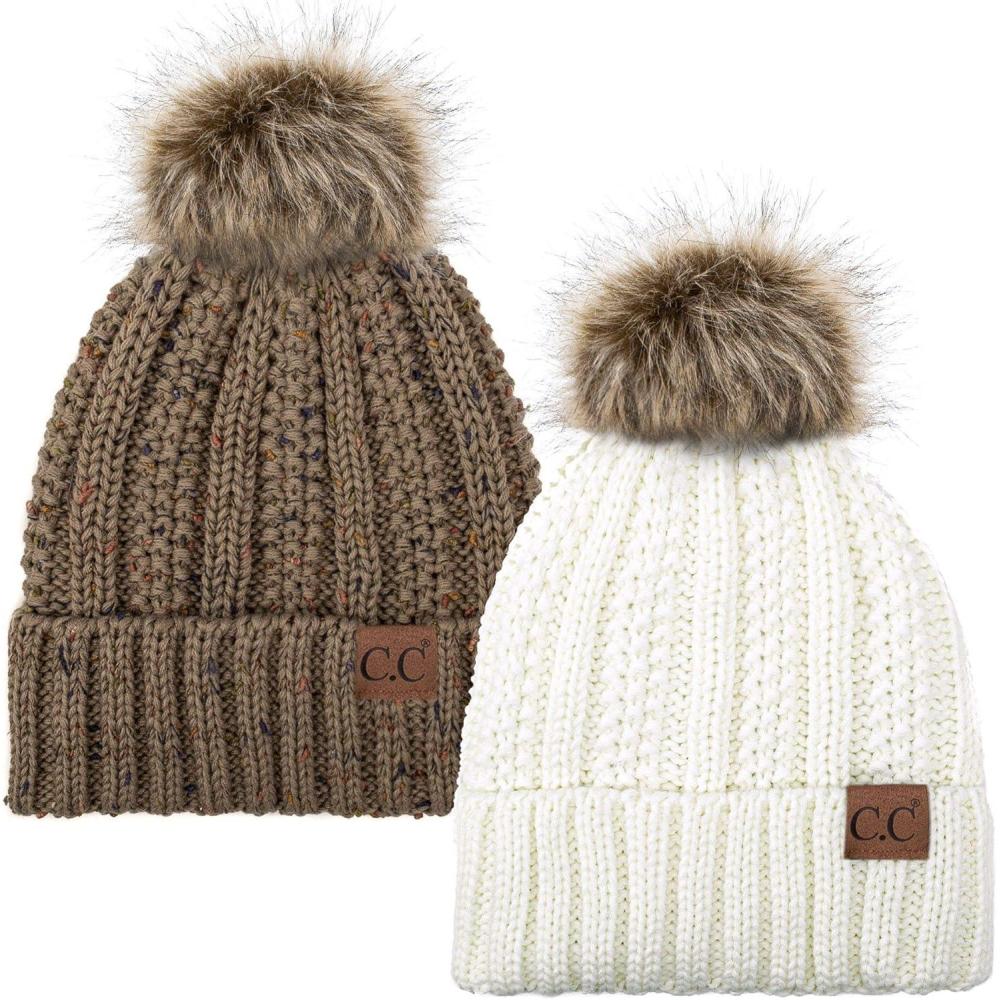 imageCC YJ820 Thick Cable Knit Hat Faux Fur Pom Fleece Lined Cap Cuff Beanie 2 PackIvoryConfetti Taupe