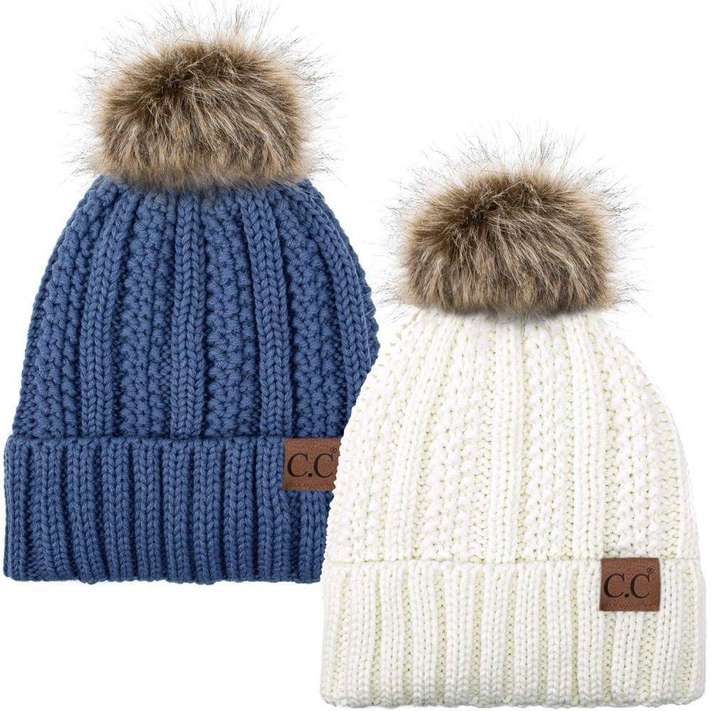 imageCC YJ820 Thick Cable Knit Hat Faux Fur Pom Fleece Lined Cap Cuff Beanie 2 PackIvoryDk Denim