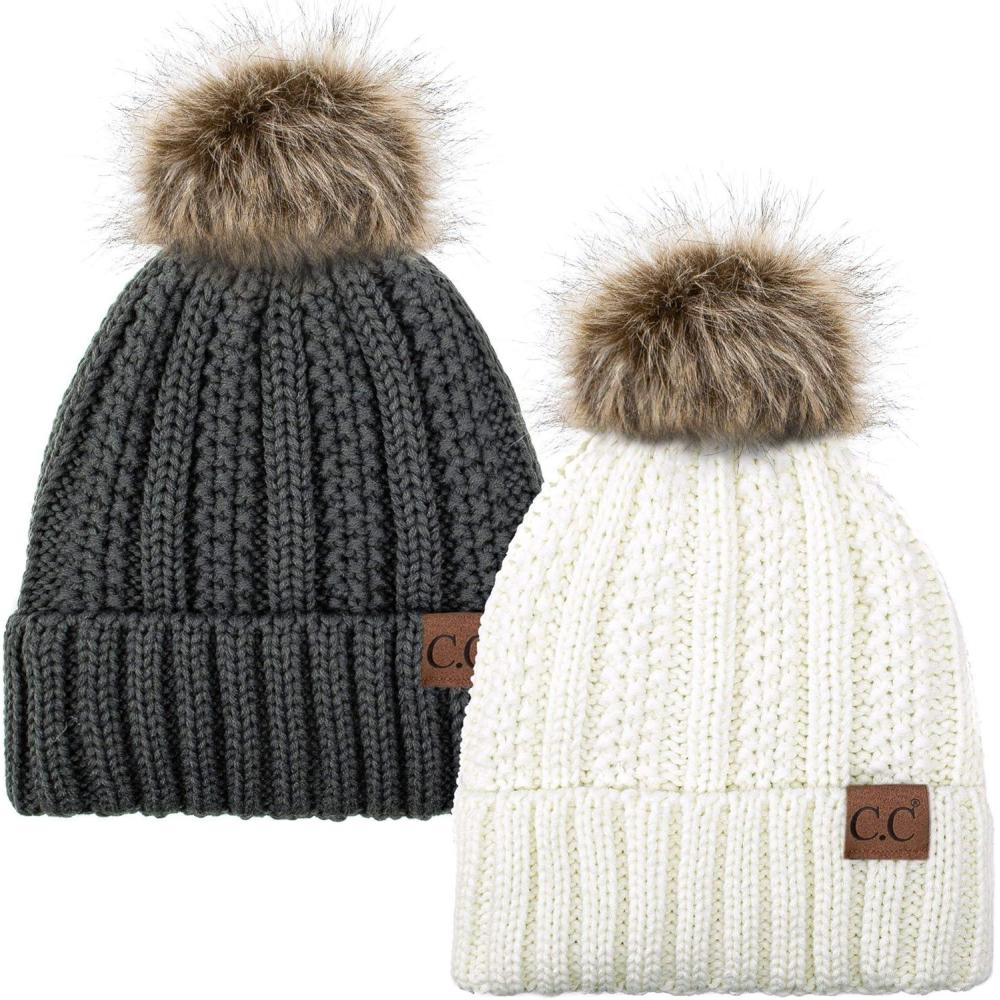 imageCC YJ820 Thick Cable Knit Hat Faux Fur Pom Fleece Lined Cap Cuff Beanie 2 PackIvoryDk Melange