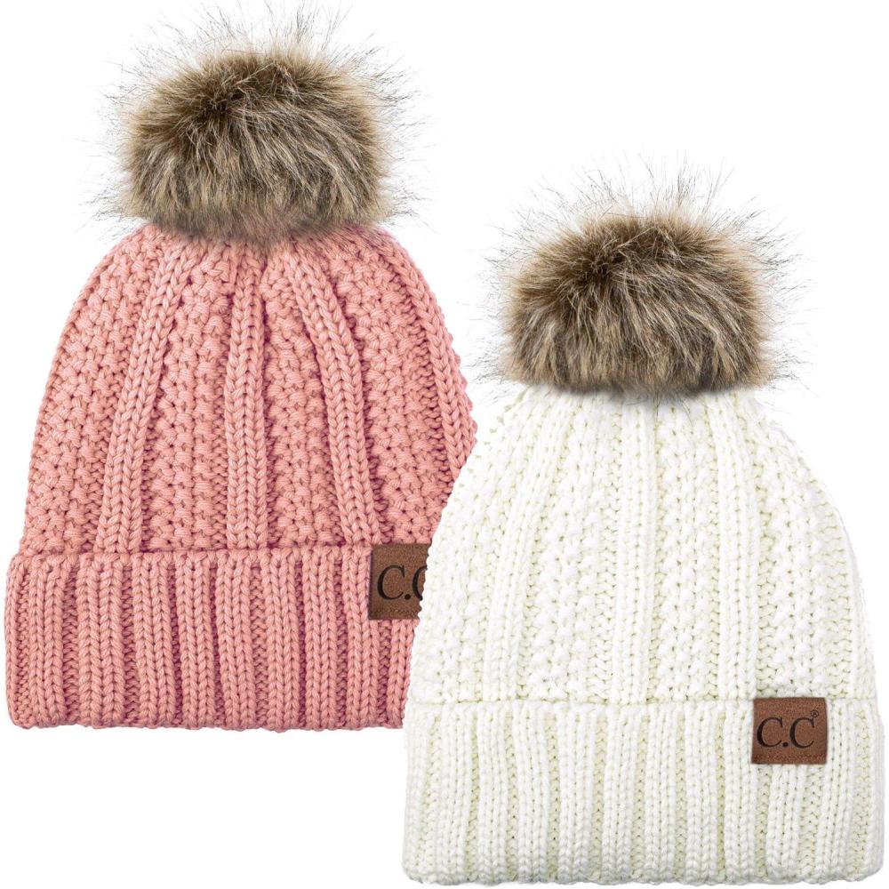 imageCC YJ820 Thick Cable Knit Hat Faux Fur Pom Fleece Lined Cap Cuff Beanie 2 PackIvoryIndi Pink