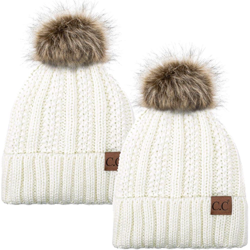 imageCC YJ820 Thick Cable Knit Hat Faux Fur Pom Fleece Lined Cap Cuff Beanie 2 PackIvoryIvory