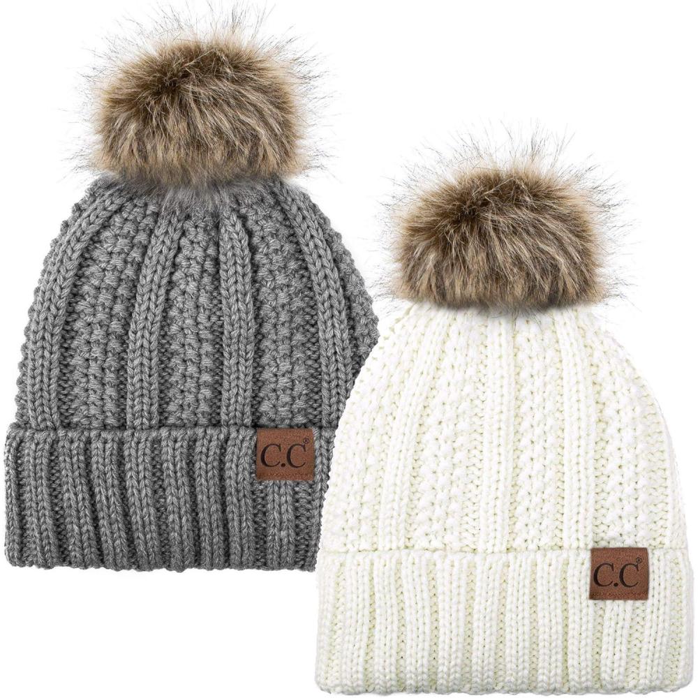 imageCC YJ820 Thick Cable Knit Hat Faux Fur Pom Fleece Lined Cap Cuff Beanie 2 PackIvoryLt Melange