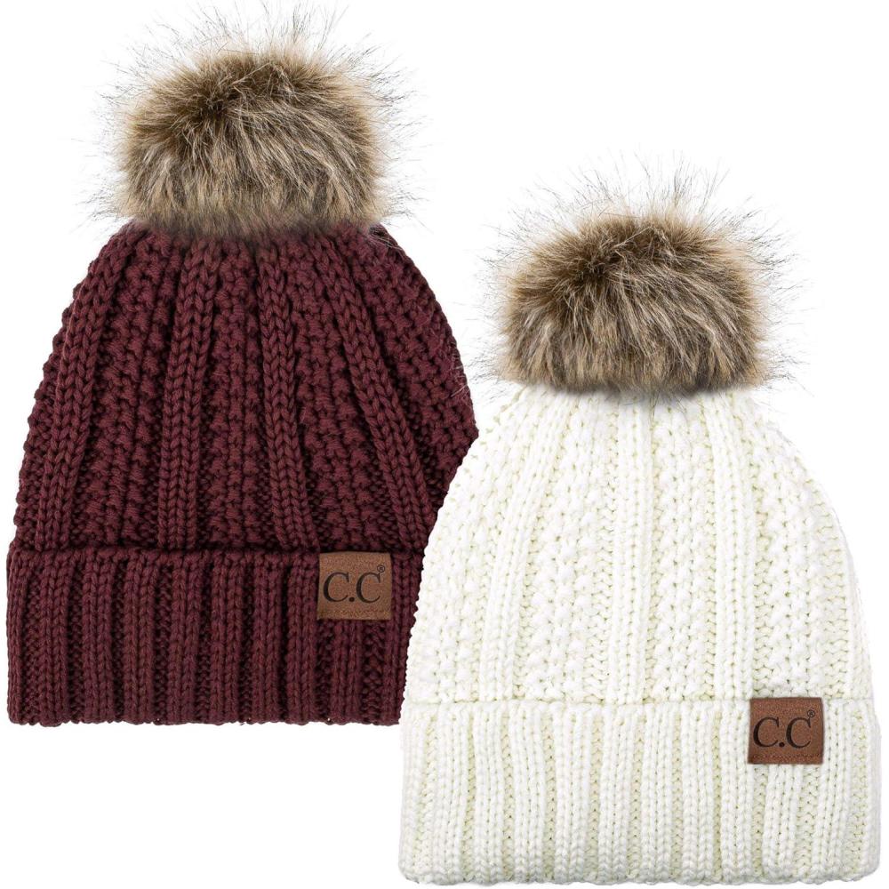 imageCC YJ820 Thick Cable Knit Hat Faux Fur Pom Fleece Lined Cap Cuff Beanie 2 PackIvoryMaroon