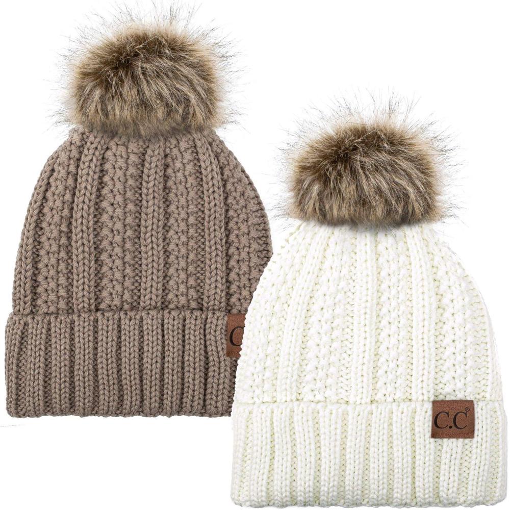 imageCC YJ820 Thick Cable Knit Hat Faux Fur Pom Fleece Lined Cap Cuff Beanie 2 PackIvoryTaupe
