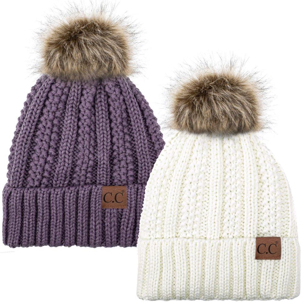 imageCC YJ820 Thick Cable Knit Hat Faux Fur Pom Fleece Lined Cap Cuff Beanie 2 PackIvoryViolet