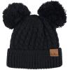 imageCC 2 Ear Pom Pom Cable Knit Soft Stretch Cuff Skully Beanie HatBlack
