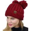 imageCC 2 Ear Pom Pom Cable Knit Soft Stretch Cuff Skully Beanie HatBurgundy