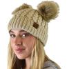 imageCC 2 Ear Pom Pom Cable Knit Soft Stretch Cuff Skully Beanie HatFaux Fur Beige