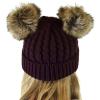 imageCC 2 Ear Pom Pom Cable Knit Soft Stretch Cuff Skully Beanie HatFaux Fur Berry