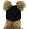 imageCC 2 Ear Pom Pom Cable Knit Soft Stretch Cuff Skully Beanie HatFaux Fur Black