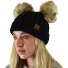 imageCC 2 Ear Pom Pom Cable Knit Soft Stretch Cuff Skully Beanie HatFaux Fur Black