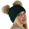 imageCC 2 Ear Pom Pom Cable Knit Soft Stretch Cuff Skully Beanie HatFaux Fur Deep Pine